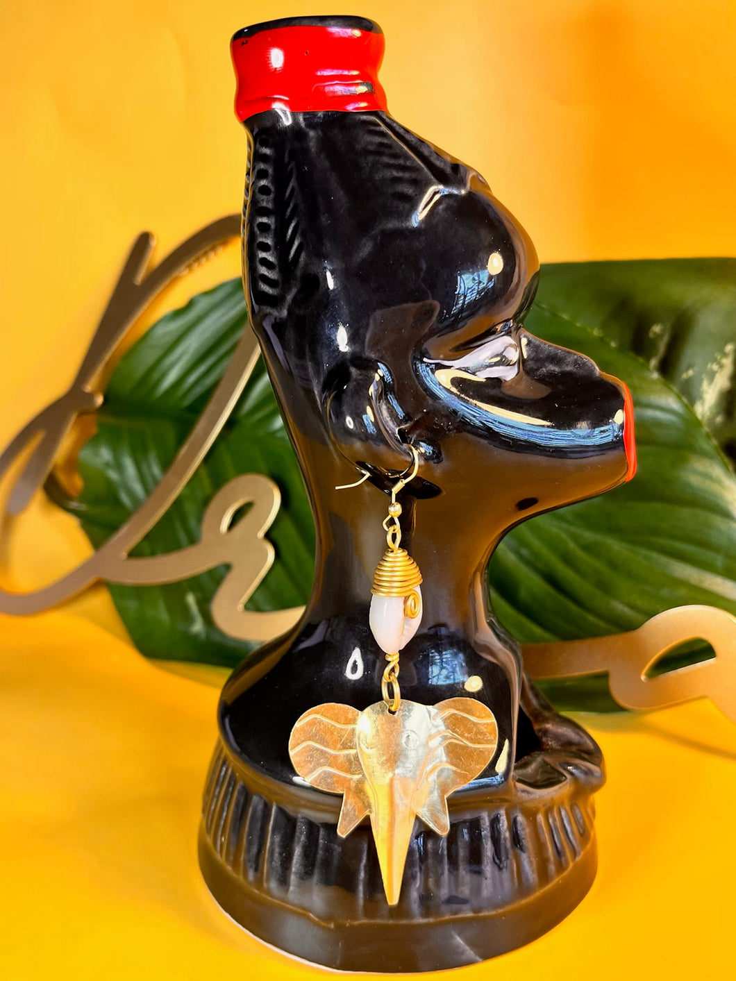 Elephant Lover Cowrie Shell Brass Earrings